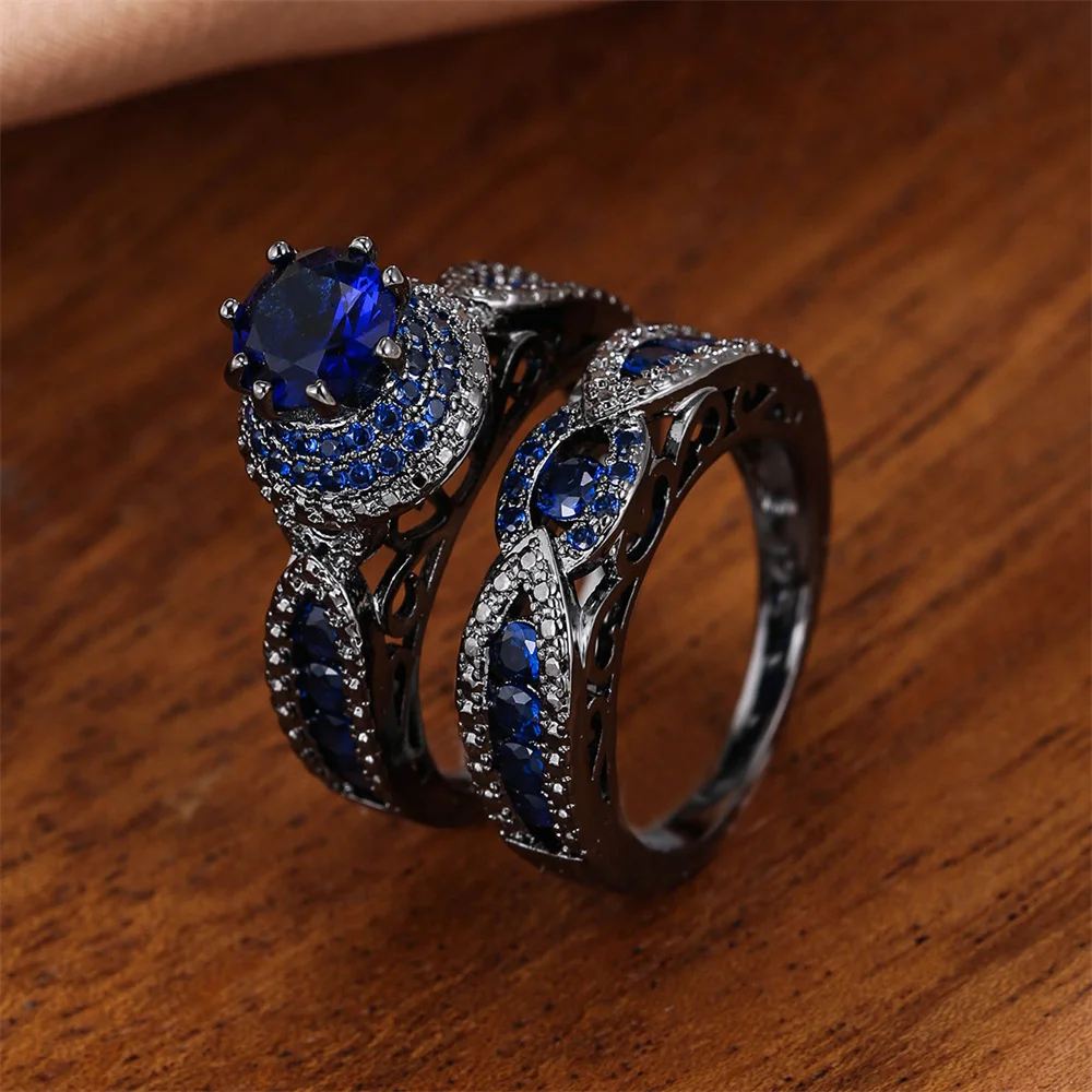 2pcs/set Blue Zircon Round Stone Crystal Ring Sets For Women Vintage Black Metal Engagement Rings Wedding Jewelry Versatile Gift