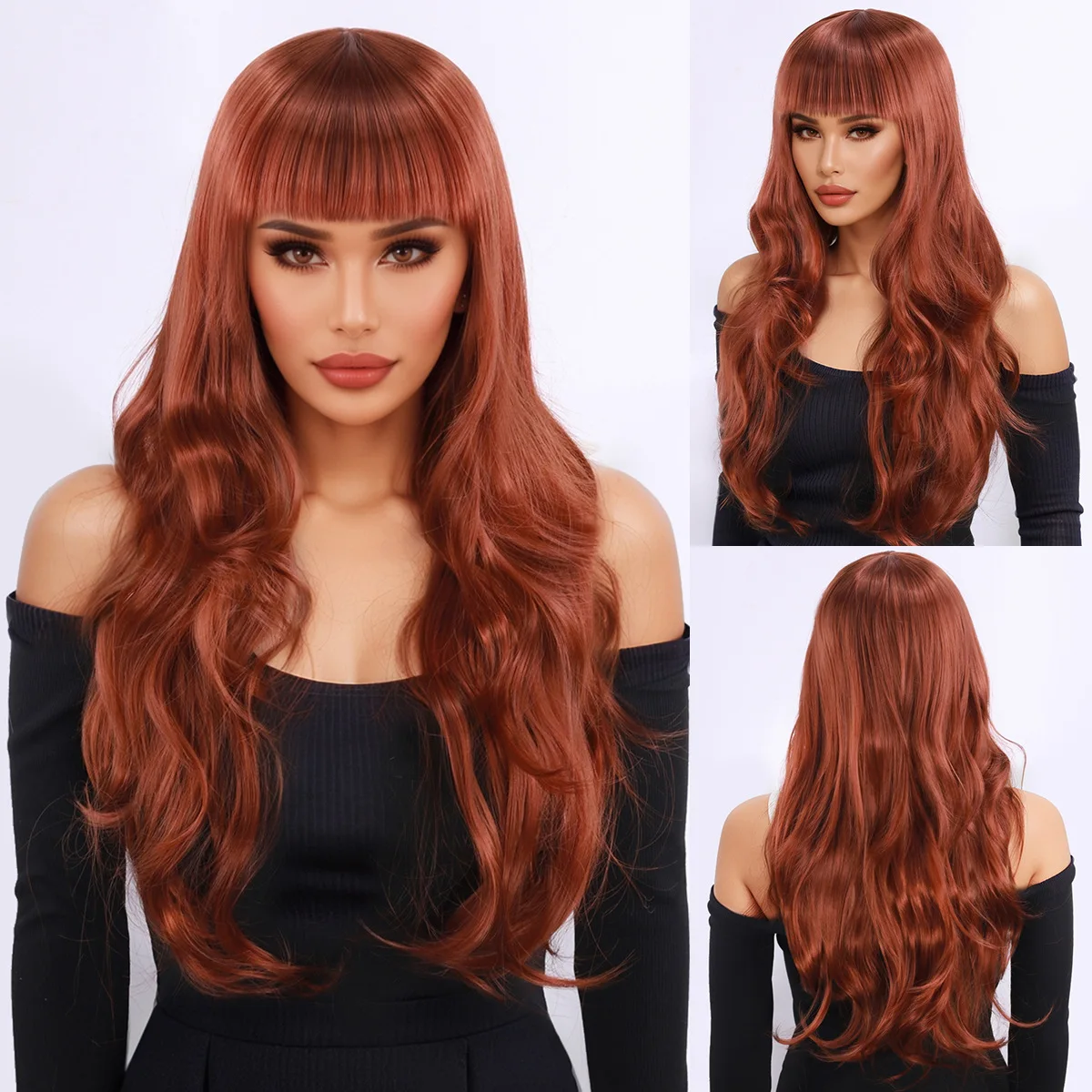 

Wig European and American fashion orange wave curly bangs long curly hair high temperature silk chemical fiber wig full head cov