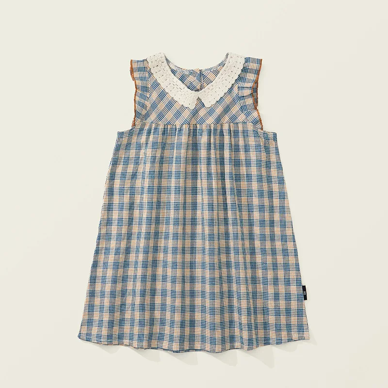 

Girls Plaid Dress 2024 Summer New Hollow Cute Collar Sleeveless Vest Dress For Children's Casual Clothing Fashion Kids Outfit