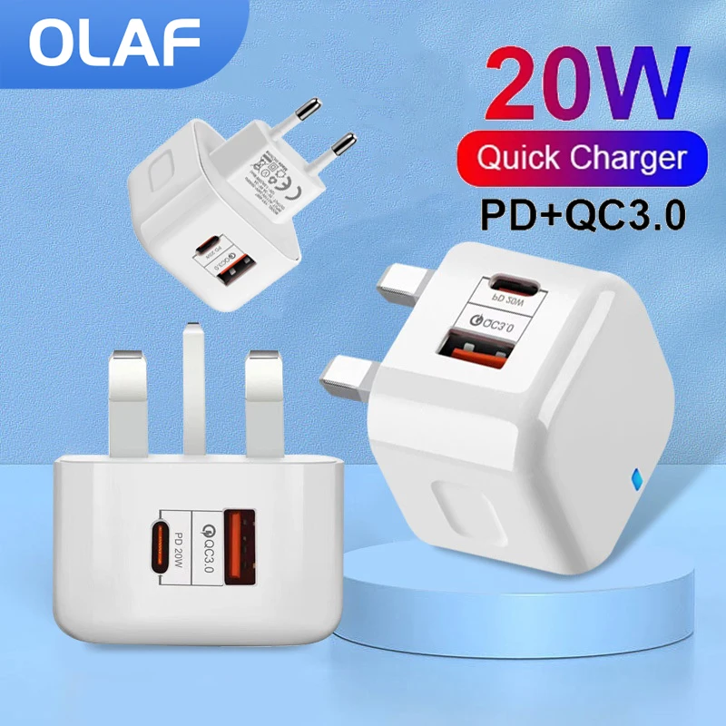 Image of 20W Dual-Port-Schnellladeadapter QC3.0 PD Schnellladegerät EU/US/UK-Stecker Wandladegerät für iPhone Samsung Xiaomi
