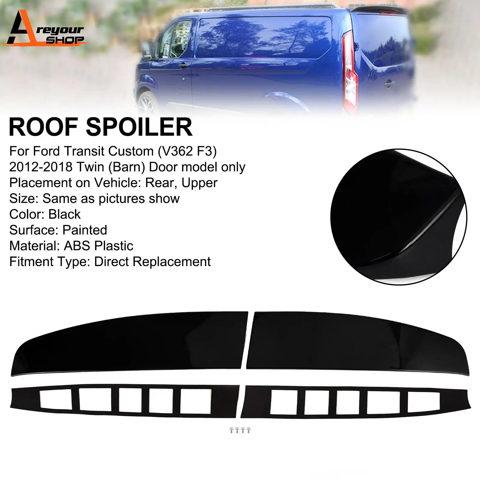 Areyourshop Gloss Black Rear Twin Barn Door Roof Spoiler Fit Ford Transit Custom 2012-2020