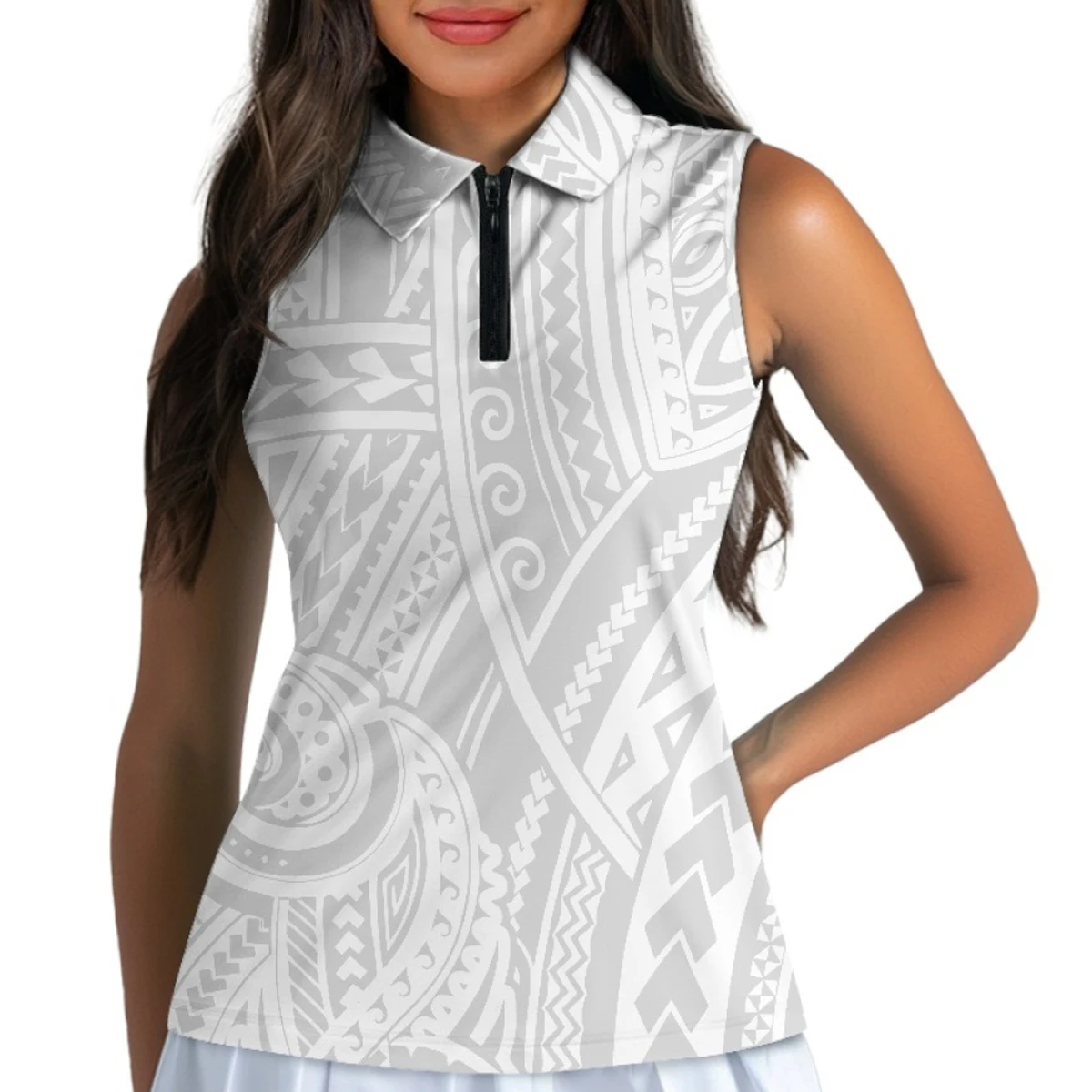 White Sunday Women's Polynesian Tribal Print Zipper Vest Sleeveless Casual Gym Tank Top Samoan Design Polo Shirts