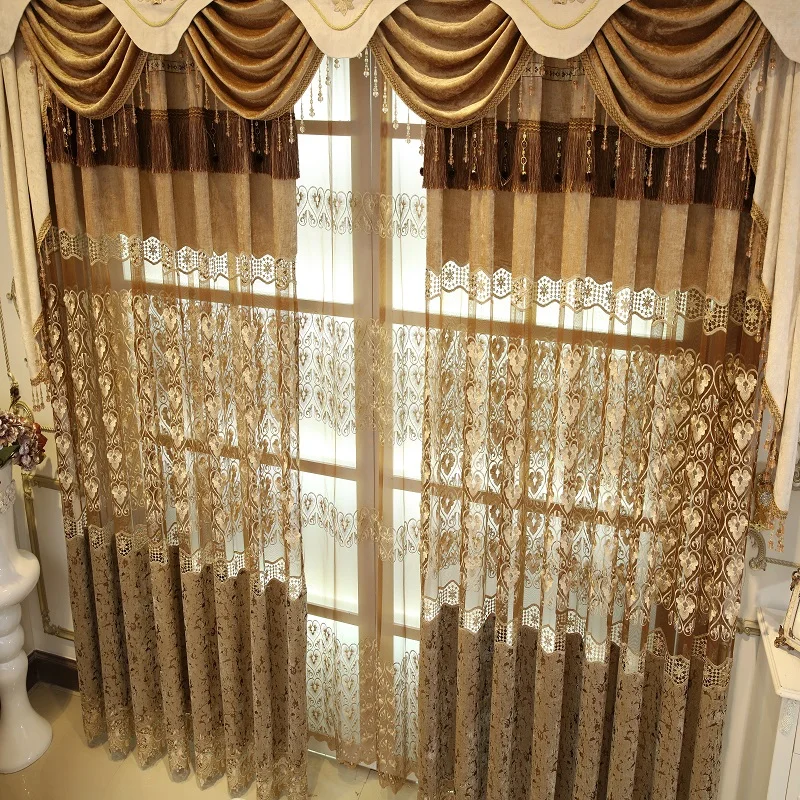 Custom curtain European luxury high-grade embroidered chenille cloth Hollow-out cloth blackout curtain tulle valance drape M1380