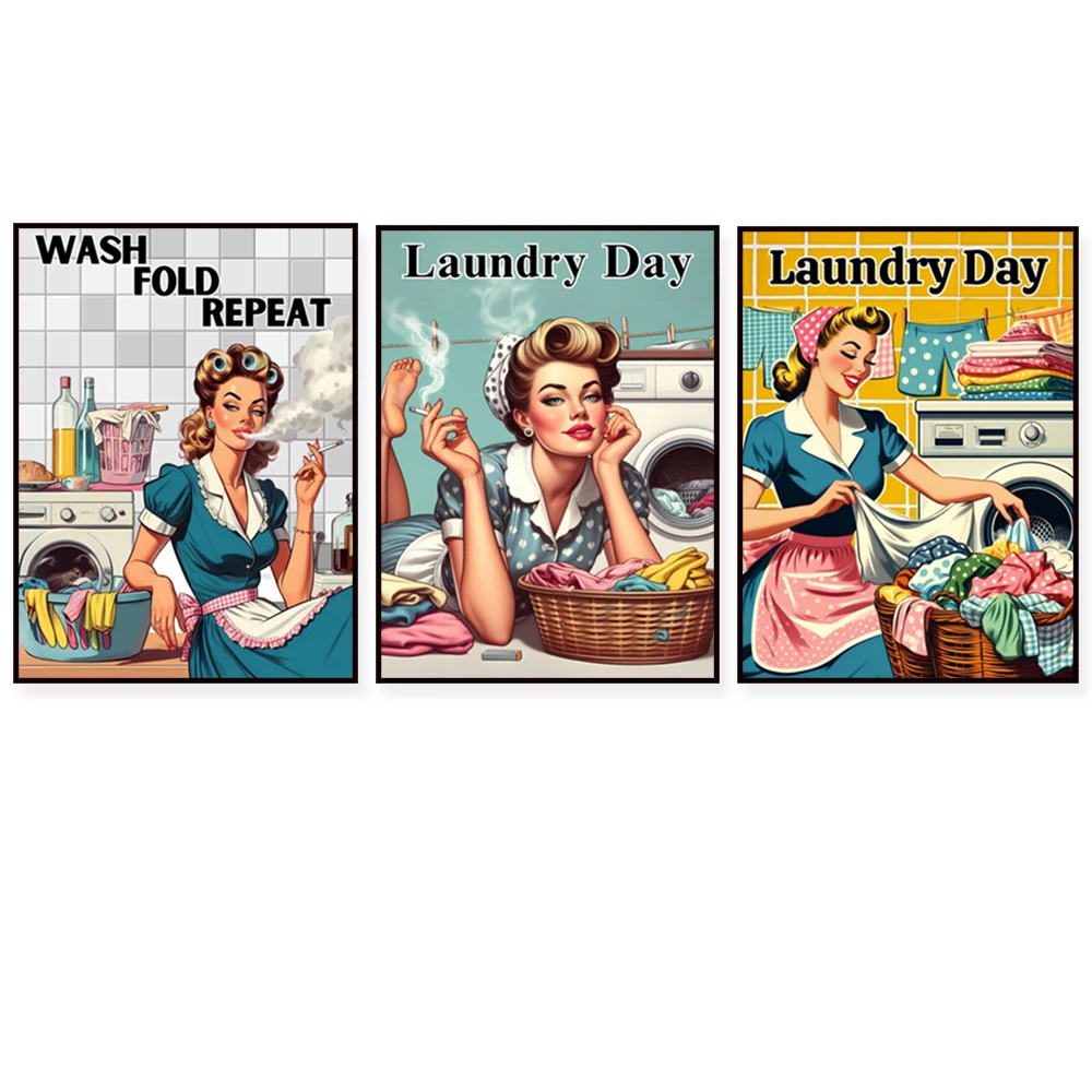 1950s vintage laundry day wall art, happy housewife smoking, laundry room decor, mid century decor, laundry room decor poster