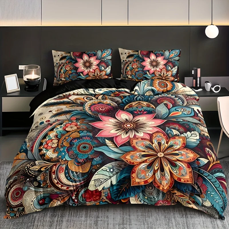 

Bohemian Mandala Floral Bedding Set: 3pcs (1 Duvet Cover + 2 Pillow Cases) - No Pillow Inserts Included, Christmas Present