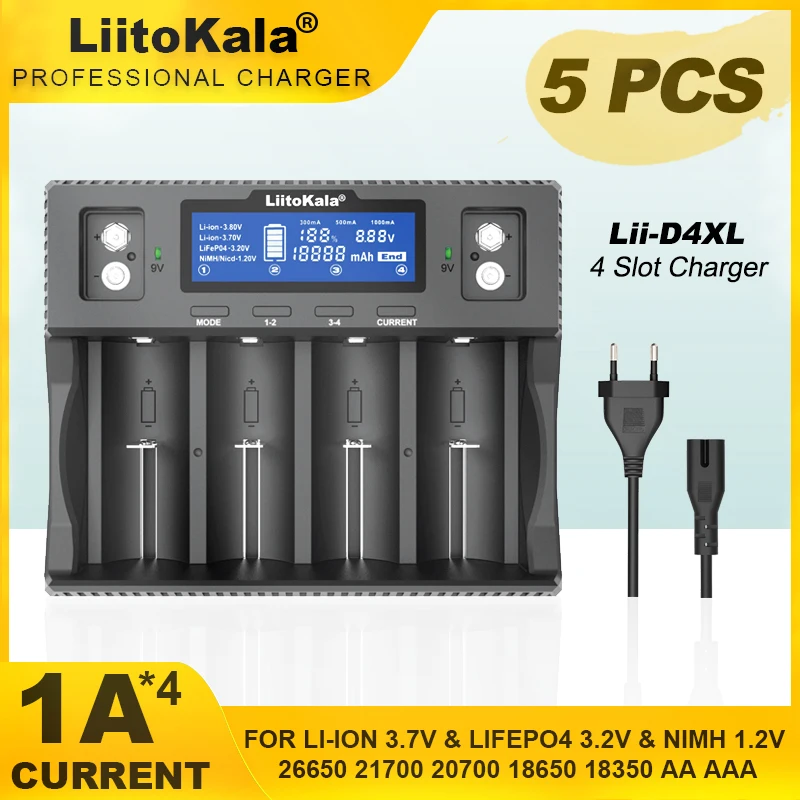 

5PCS LiitoKala Lii-D4XL 21700 3.7V Li-ion 3.2V 1.2V NiMH/Cd 18650 26650 26700 32700 D AA AAA 9V LCD Display Battery Charger