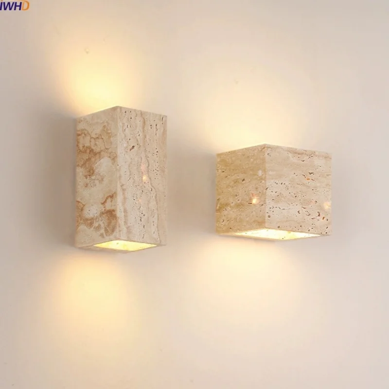 

IWHD Japan Style LED Wall Lights Indoor Luxury Wall Lighting Yellow Travertine Living Room Bedroom Bedside Lamp Lampara De Pared