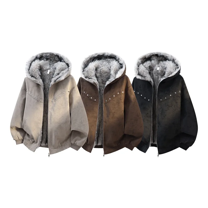 Men's Fleece Lined Parka Jacket Washed Thickened Winter Coat Loose Fit Casual Warm Versatile Simple Fashion Outerwear Streetwear