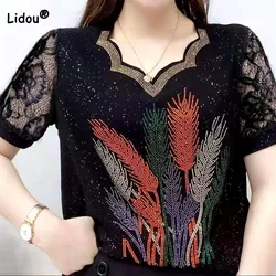 Summer Female Fashion Lace Spliced Diamonds Casual T-shirt Vintage All-match Loose Short Sleeve V-Neck Tops Women's Clothing