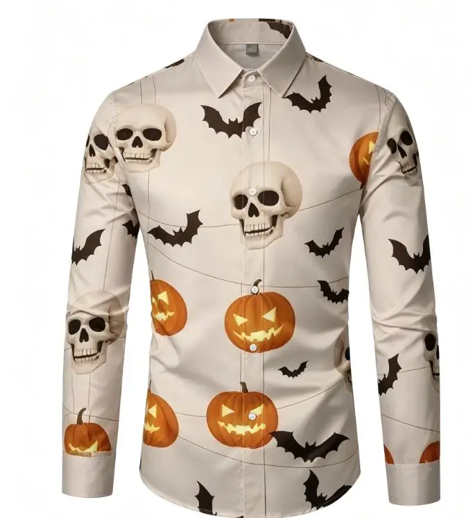 Men Long-Sleeve Button-Down Shirt Beige Halloween Pumpkin Bat Skull Full Print Polyester Lapel Collar Party Top