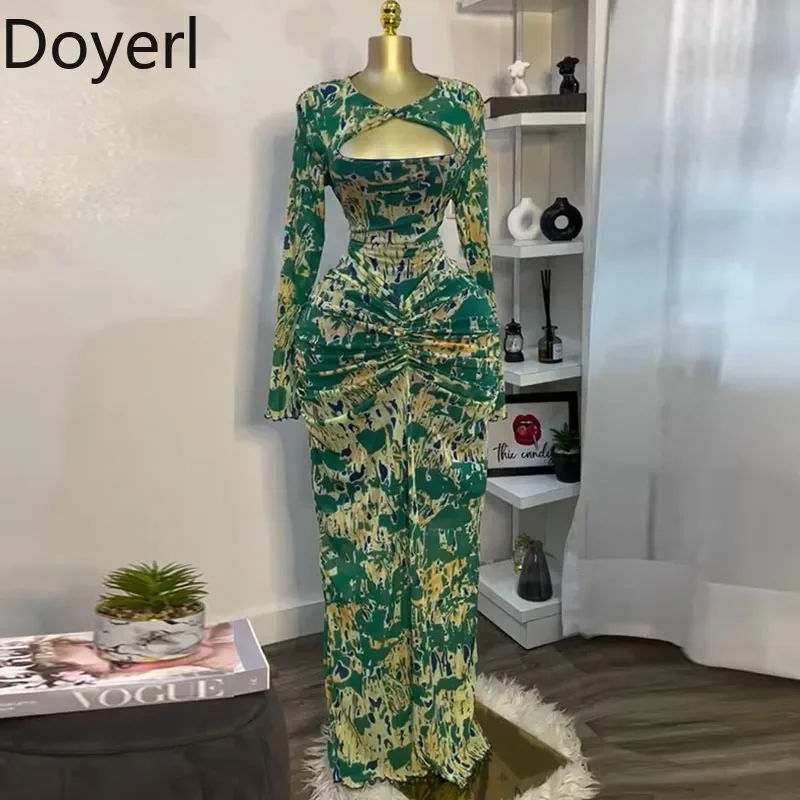Doyerl Long Sleeve Bodycon Maxi Dresses Women Elegant Cut Out Ruched High Waist Print Sheath Night Club Party Long Dress Robes
