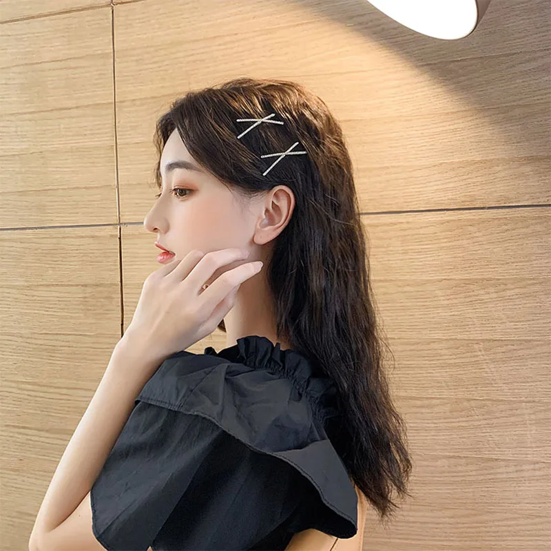 2pcs Women Cross Crystal Hairpins Rhinestone Hair Clips Barrettes Simple Side Clip Bridal Headwear for Girls Fashion Accessories