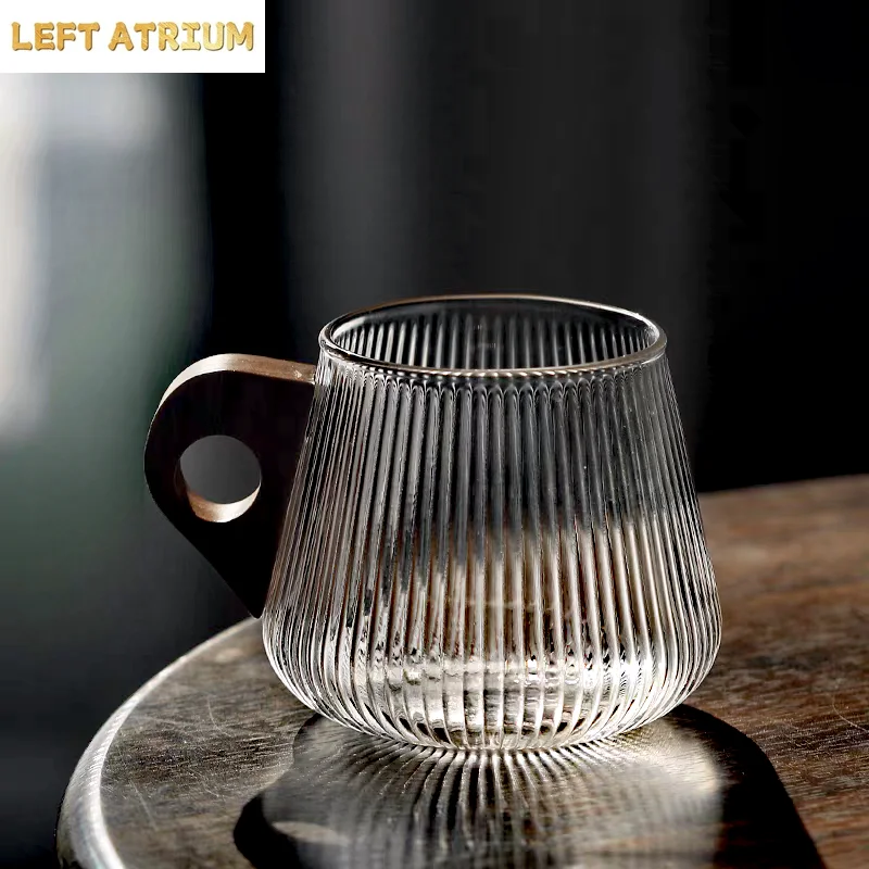 Japanese-Style Walnut Wooden Handle Fresh Ground Glass Coffee Mug Vertical Stripes Tea Milk Cup Home Office Drinkware