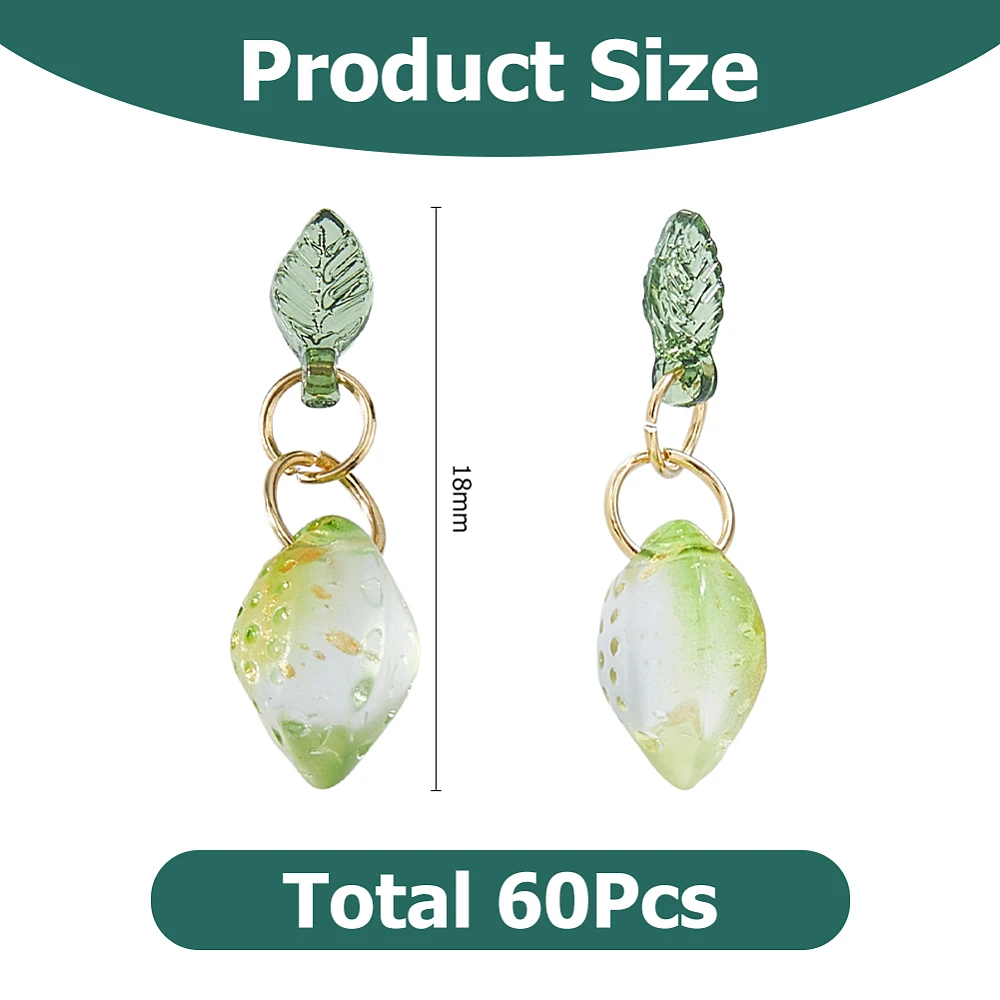 60Pcs Glass Lemon Charms Transparent Green Lemon Fruit Charm Summer Fruit with Leaf Charms for Earrings Making DIY Crafts