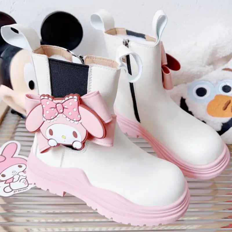 Anime Sanrios My Melody Kuromi Kawaii Cartoon Girl Leather Boots Autumn Winter Chelsea Mid-Calf Pink Princess Shoes Martin Boots