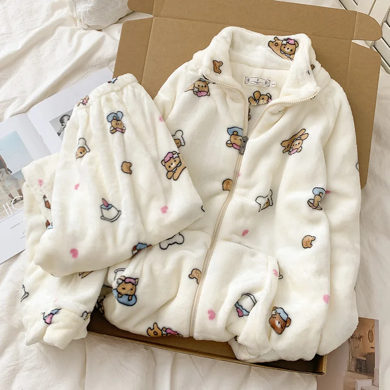 

Аниме Rilakkuma, зимний женский фланелевой пижамный костюм, теплый мягкий плюшевый комплект домашней одежды для девочек, коралловый флис, брюки с длинными рукавами, домашняя одежда