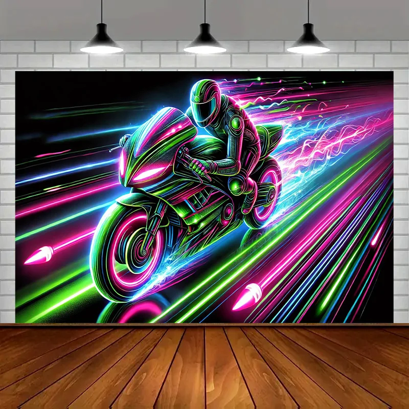 Neon Motorcycle Tapestry - Cyberpunk Rider with Speed Lines, Futuristic Racing Art, Glow in Dark Style Polyester, Multiple Sizes
