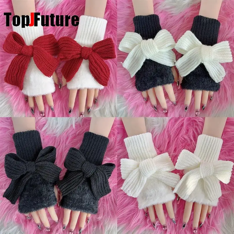 

Japanese Harajuku Y2K Spicy Girl Bow Knitted Fingerless Gloves Gothic Punk Autumn/Winter Hollow Out Arm Sleeves Streetwear