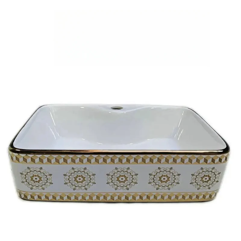 

Rectangular golden countertop ceramic bathroom sink artistic washbasin
