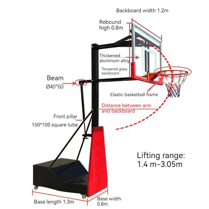رف كرة سلة متنقل للرياضات الخارجية للبالغين، معدات محكمة أرضية ترفيهية للمنزل والمدرسة