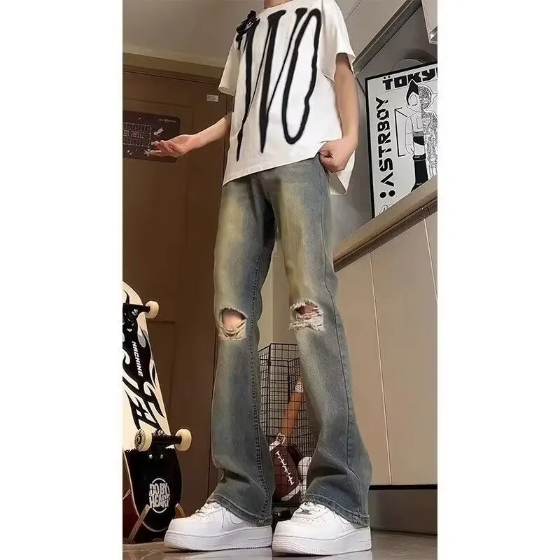 

Retro Blue Knee Ripped Jeans Men's Extended Version Tall Pants American High Street Straight High Waisted Trousers Denim Shorts