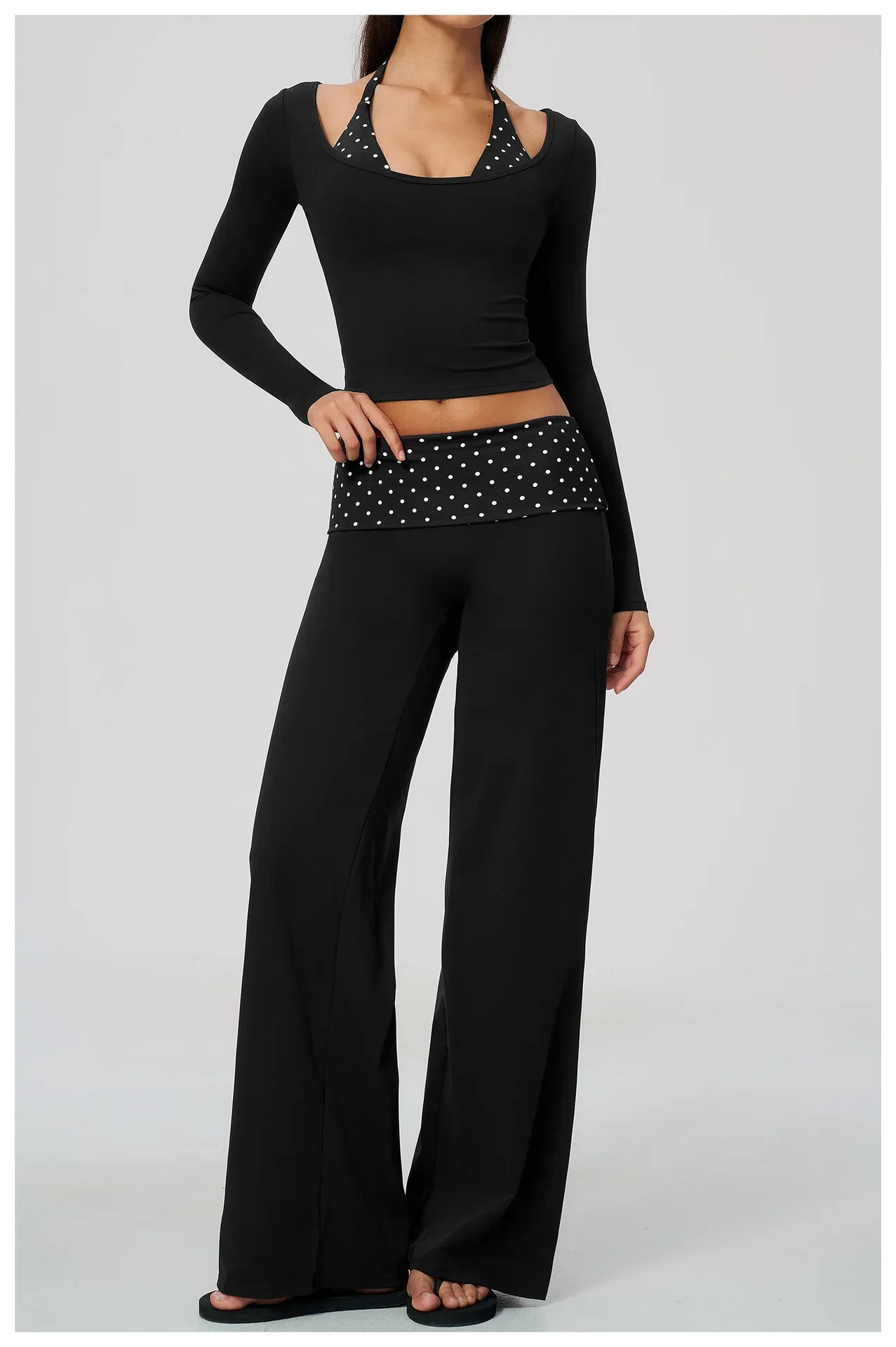 Damen 2-teiliges Yoga-Outfit, Langarm-Oberteil mit schmaler Passform, gestreifte, weit geschnittene Flare-Hose, Activewear-Set für Fitnessstudio, Training und Fitness – Detail 7