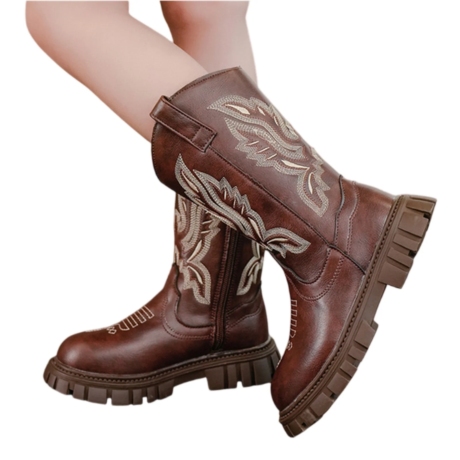 

Children's Pu Leather Boots Autumn Classic Western Cowboy Embroidery Girls Long Booties Kids Soft Sole Retro Princess Boots