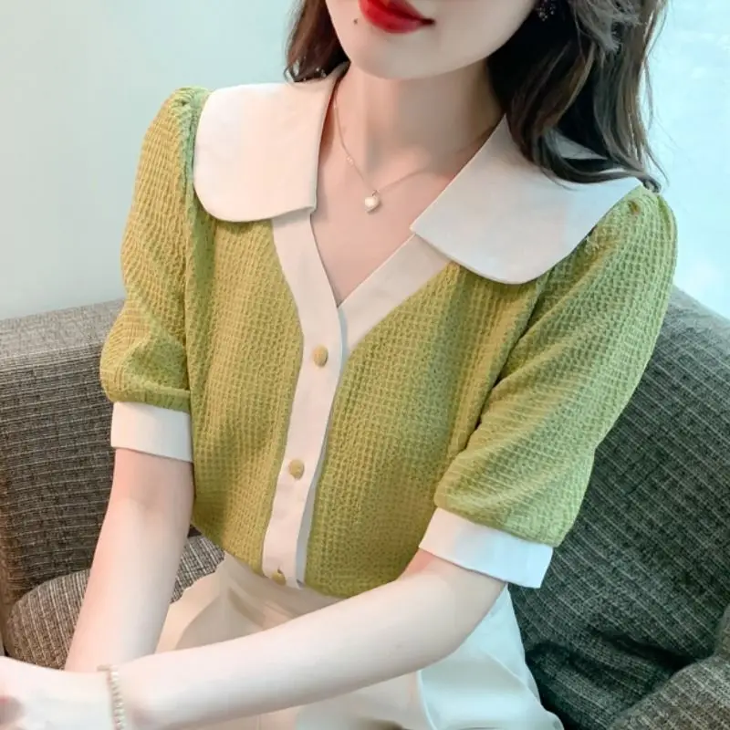 

Casual Sle Women's irt ort Sve Color Blo Long Sve Chiffon Top plus Size V Ne Button Plaet Loose Fit Summer