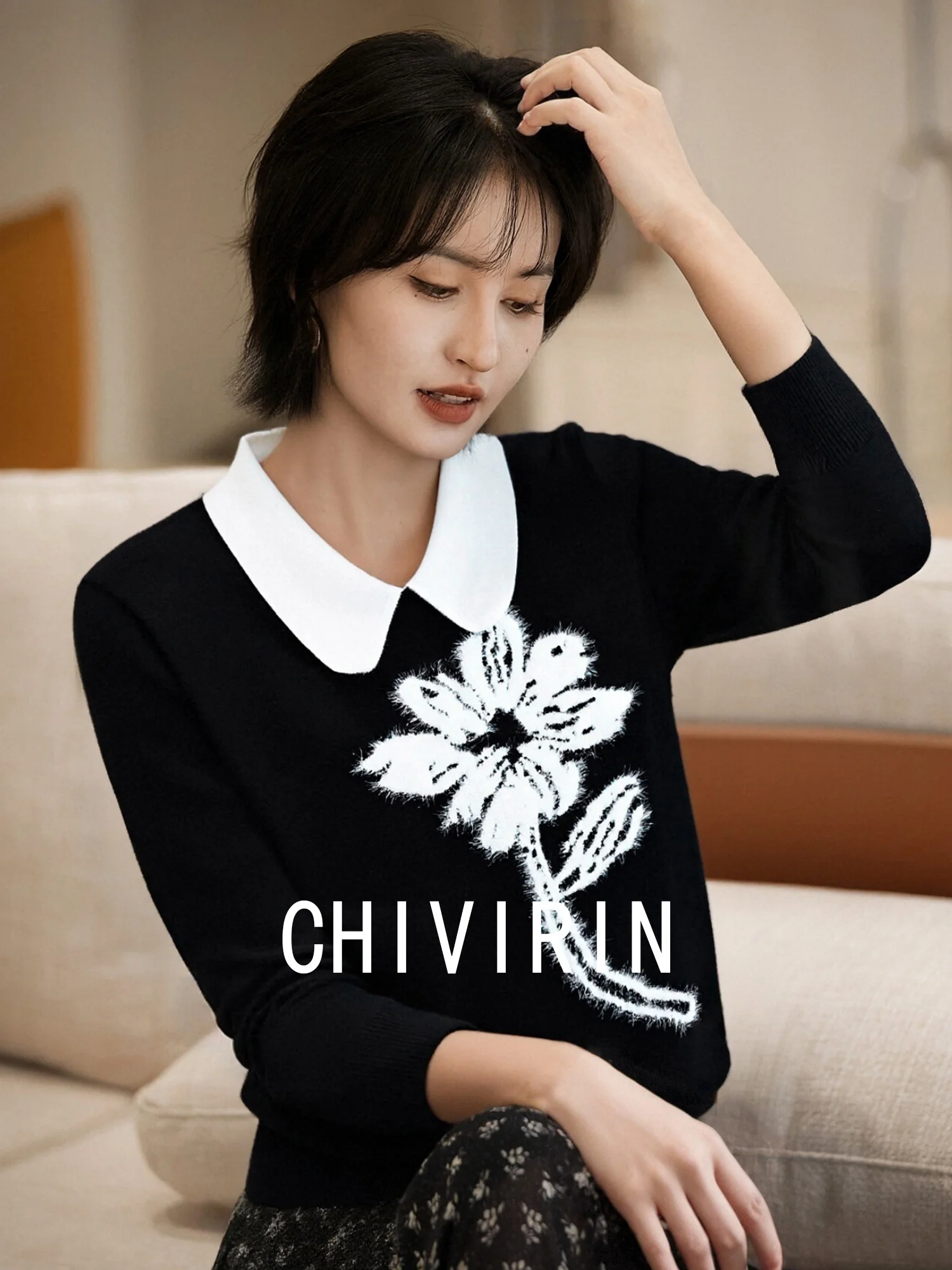 

Chivirin 2026 Spring Autumn Women's Knitted Woolen Sweater Embroidered Slim Fit Turn-down Collar Versatile Ele Sle