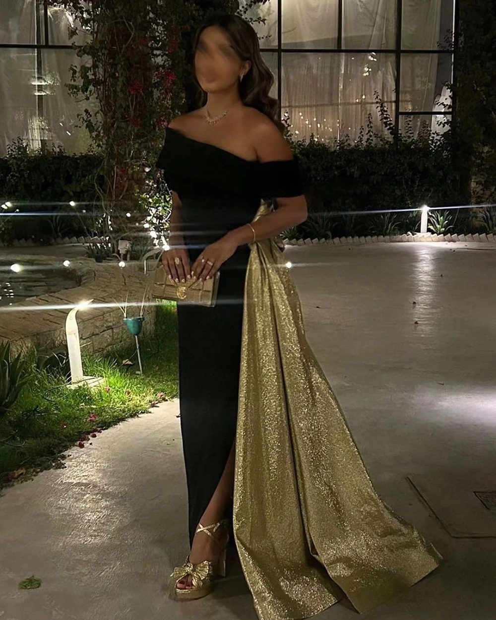 Verngo Off The Shoulder Draper Train Evening Long Dresses For Women 2024 Sleeveless Satin Shiny Saudi Arabic Prom Gown