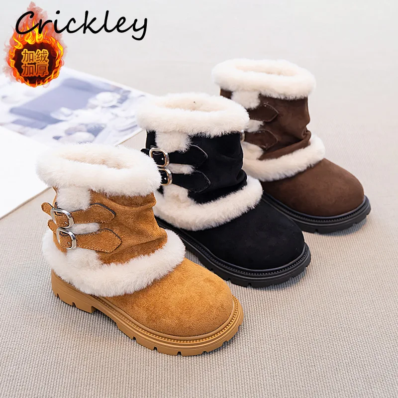 

Faux Fur Buckle Girls Snow Boots Solid PU Suede Bordered Zip Kids Mid-calf Shoes Winter Warm Plush Children Fashion Boots