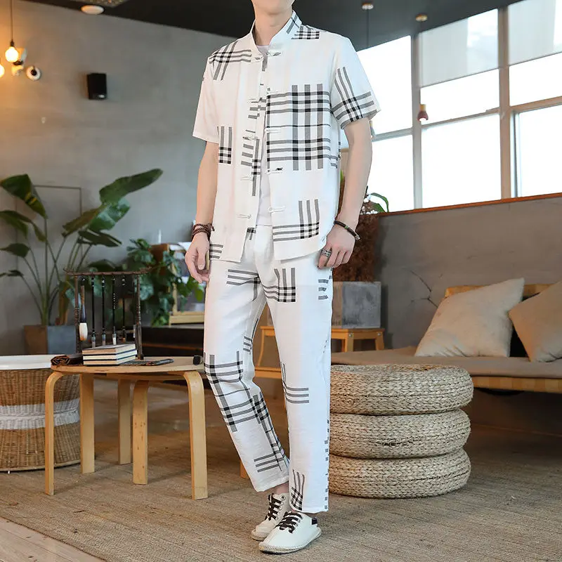 3-E2   Chinese style men's summer ice silk print suit short-sleeved T-shirt buttonedese Tang suit casual retro Hanfu tide