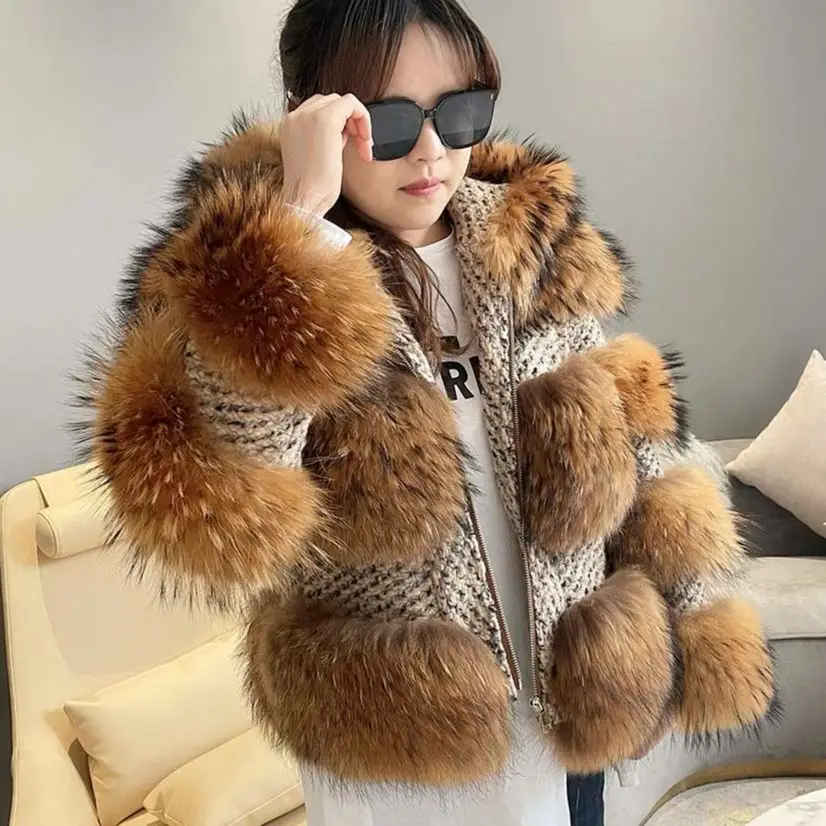 MISSJANEFUR Raccoon Fur Coat with Hood Women 2022 Thick Warm Real Fur Wool jacket Wholesale Fluffy Plush Winter Female Outwear