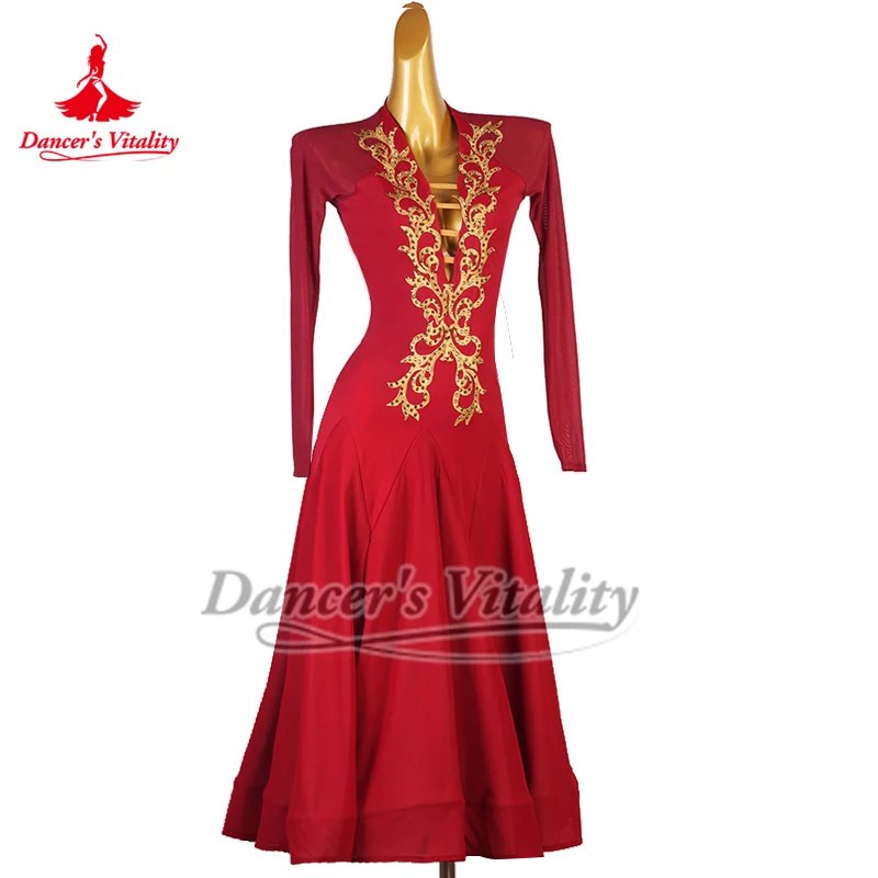 Vestido de baile Social con espalda de malla en forma de V para mujer adulta, elegante vals Foxtrot, ropa de práctica y actuación personalizada de alta gama