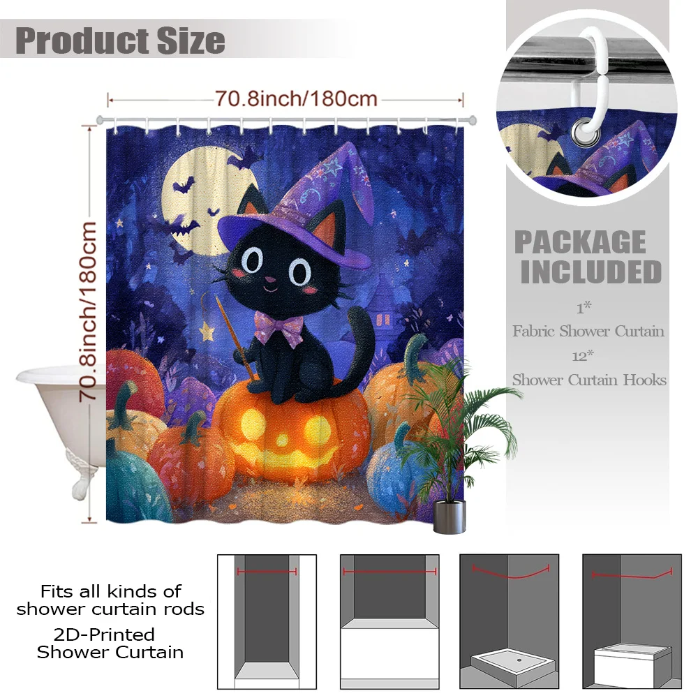 1pc Halloween Black Cat Wizard Pumpkin Shower Curtain Cute Cartoon Animal Moon Bats Starry Night Painting Style Bathroom Decor B