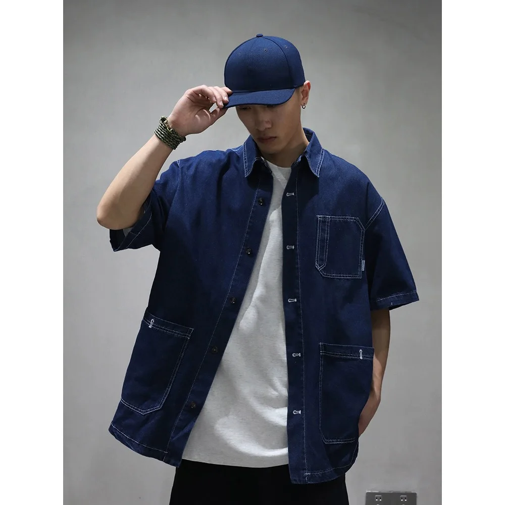 Summer Japanese Fashion Vintage Denim Shirts for Men Korean Streetwear Loose Casual Short Sleeve Denim Cargo Shirts Jacket