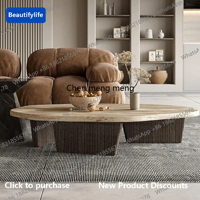 

C139 Italian minimalist natural marble coffee table living room modern light luxury travertine creative coffee table