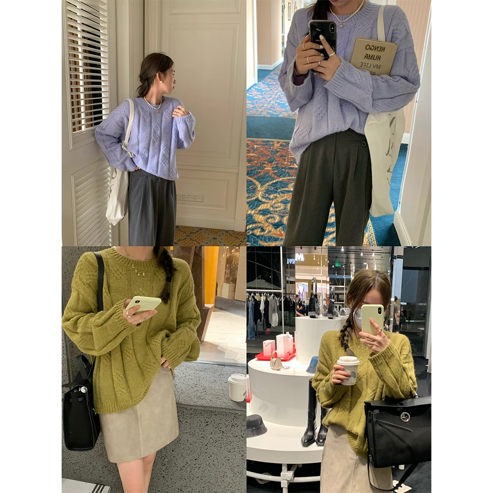 

Женский фиолетовый свитер PiJiUu с круглым вырезом, модный, для повседневной носки, с длинными рукавами, прямого кроя, однотонный, трикотажный