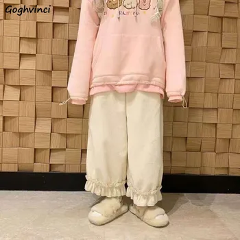 여성용 코듀로이 캐주얼 바지, 단색 러블리 러플, 학생 하이웨이스트 와이드 레그 바지, 스위트 올매치 캐주얼, 헐렁한 헐렁한 아늑한 바지