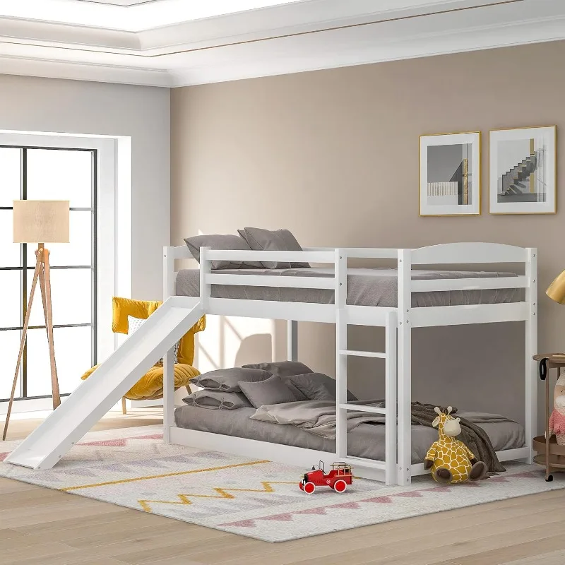 Solid Wood Twin Over Twin Low Bunk Bed w Slide, Ladder, Safety Guard Rails, 400LBS Wooden Twin Bunk Beds