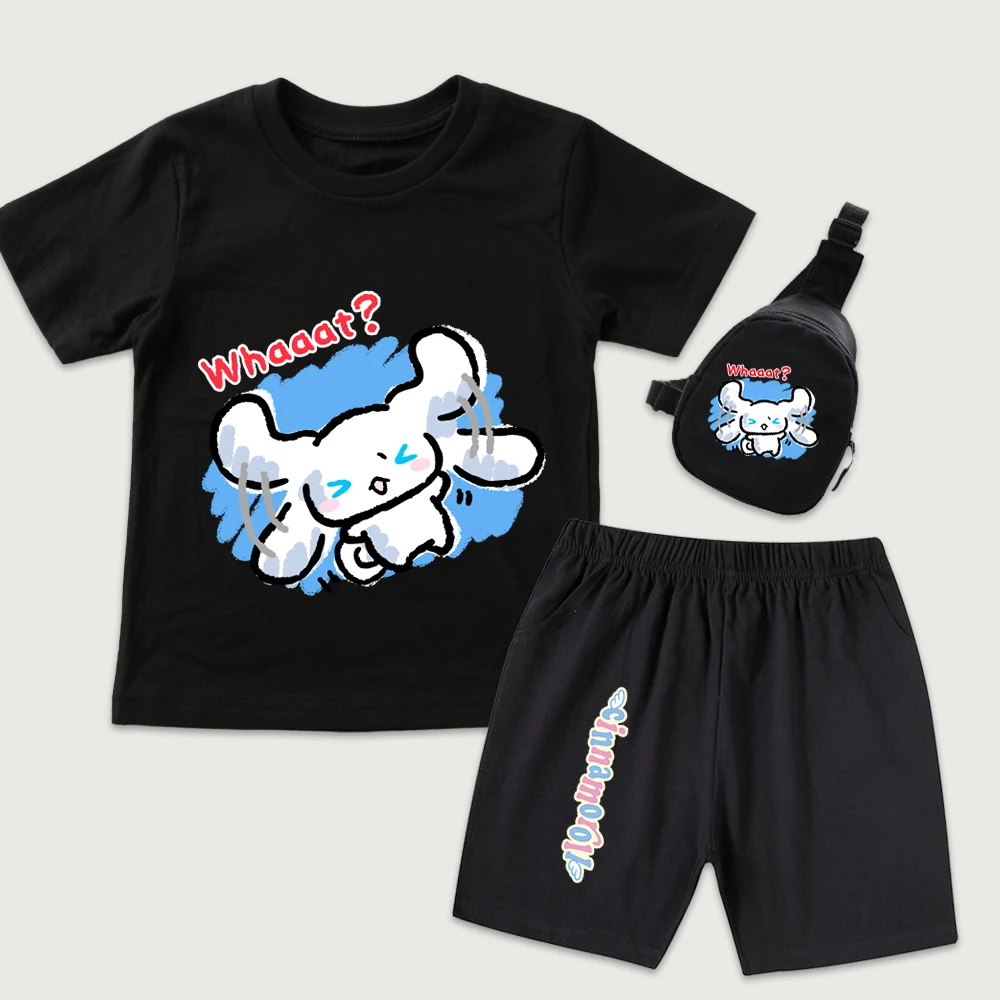 

Детская хлопковая футболка с принтом Cinnamoroll Whaaat, шорты, мини-сумка на грудь, комплект из 3 предметов, повседневная летняя одежда для мальчиков и девочек