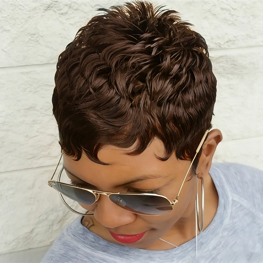 

Парик из натуральных волос, стрижка пикси, черно-коричневый, 4 дюйма, короткий, машинной работы, для женщин, с возможностью окрашивания в блонд