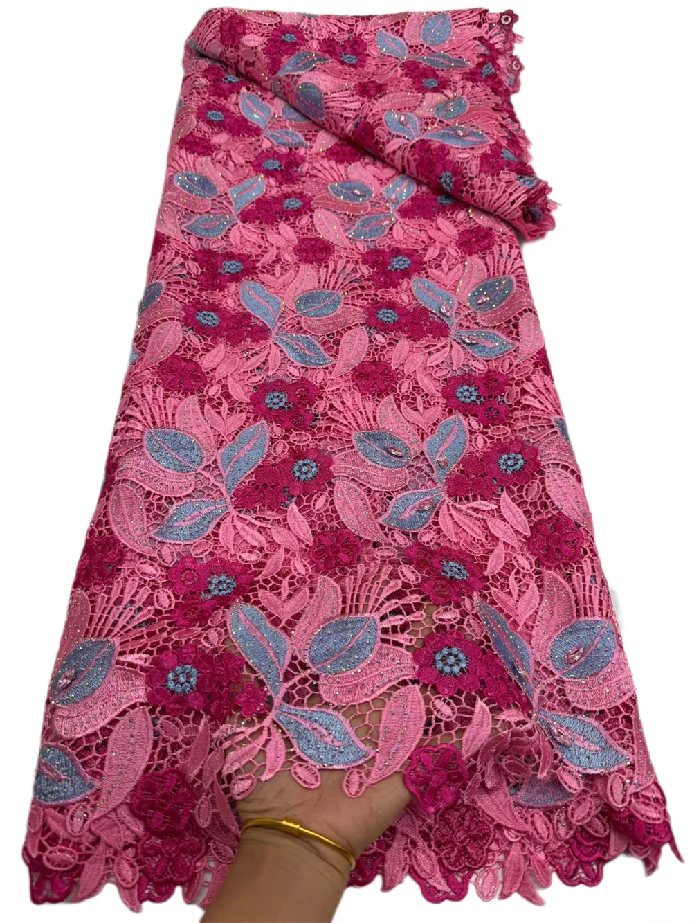 New Multicolor Flower Stones Water Soluble African Lace Fabrics Embroidery Lace Hand-Cut Holes For Wedding Sewing Dress 5 Yards