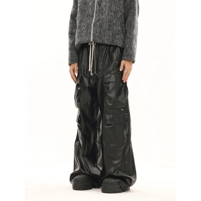 American Retro RO Style Loose Wide Leg Drawstring Cargo Pants High Waist Leather Pants Casual Trousers Multi Pocket Pants