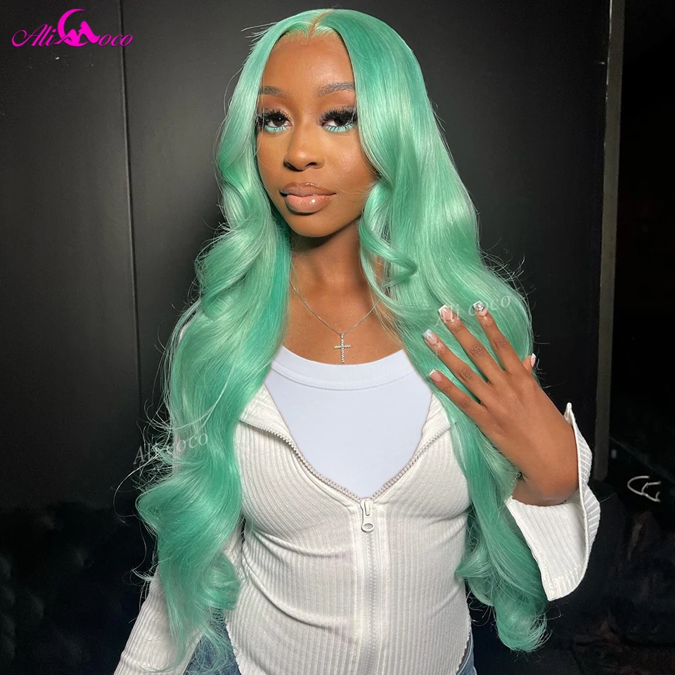 

Green Color Body Wave Lace Front Wigs Human Hair Pre Plucked Transparent 13x4 Lace Frontal Wigs Human Hair for Women 180 Density