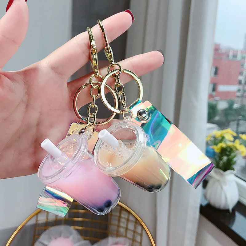 Simulation Pearl Milk Tea Acrylic Key Chain Candy Color Beverage Bottle Keyring Pendant for Couple Kids Backpack Charm Keyfob