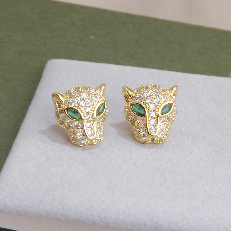 Fashion Brand Jewelry Crystal Leopard Stud Earrings Luxury Zirconia Animal Earrings for Women
