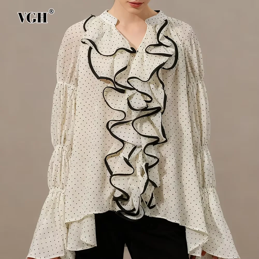 

Прозрачная повседневная базовая блузка с принтом в горошек VGH для женщин, рубашка с v-образным вырезом и длинными рукавами, темпераментная рубашка с нерегулярным подолом, женская весенняя новинка