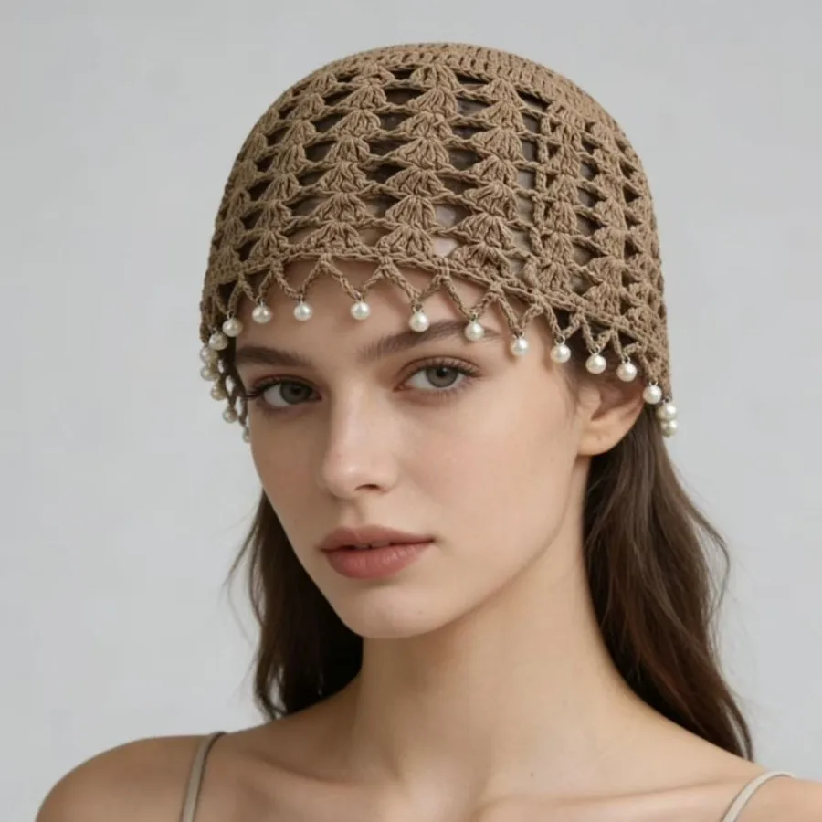 Hand-Woven Hollow-Out Headgear for Women Summer Breathable Artistic Versatile Pullover Hat with Sequins and Pearls, Knitted Hat