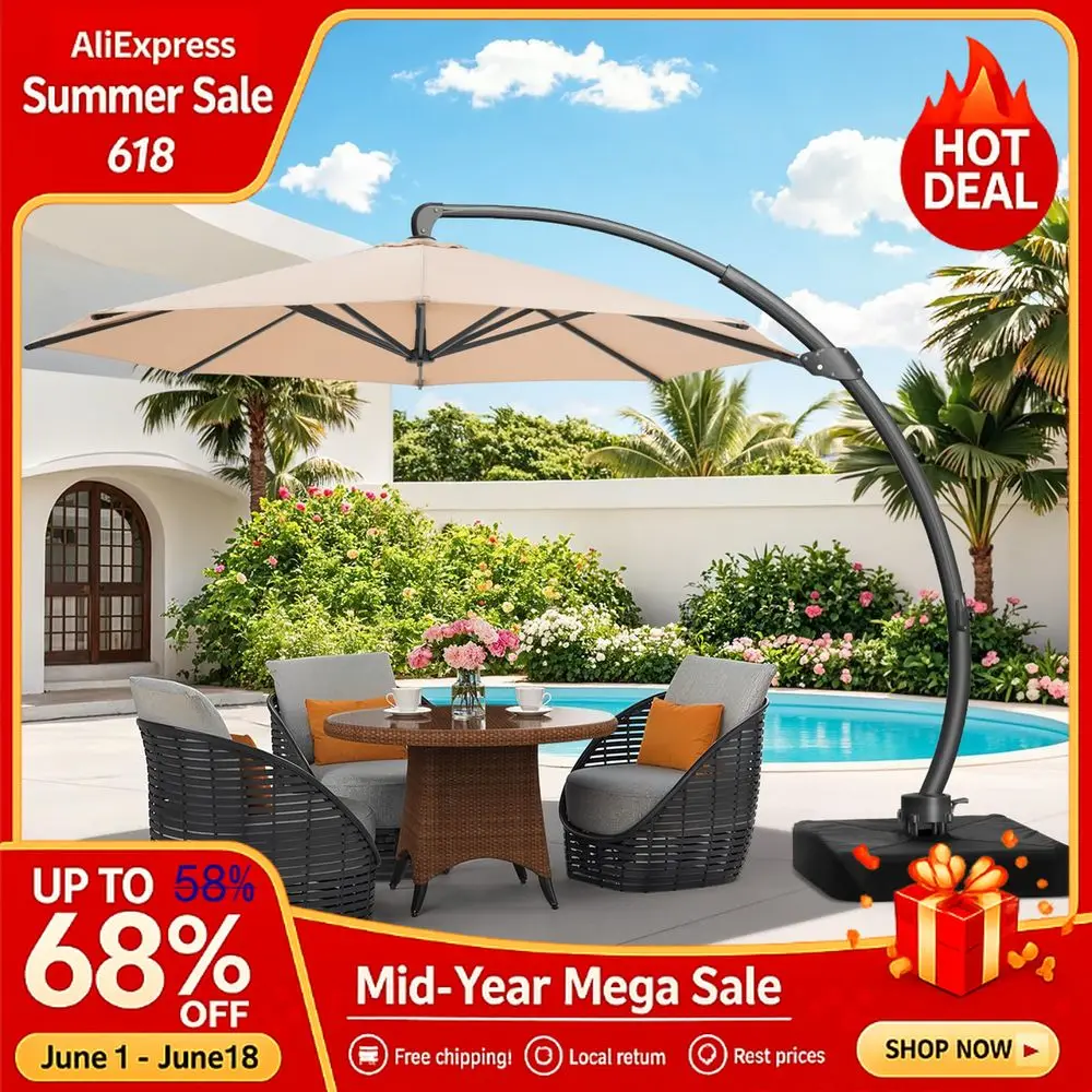 

11 FT Round Champagne Cantilever Umbrella, Aluminum Offset Design with Base, Custom
